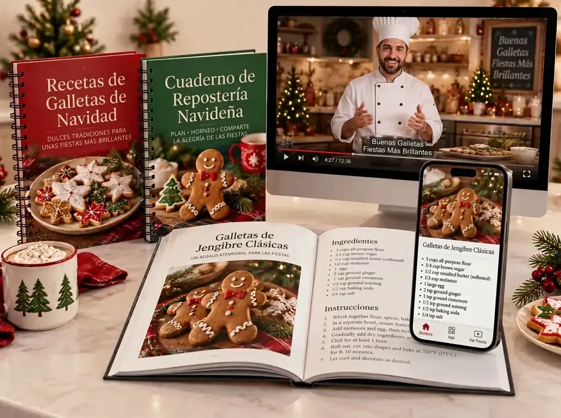 Cuadernos imprimibles de recetas navideñas, un chef enseñando la receta en una pantalla de computadora y el libro digital abierto en una receta de pan de jengibre