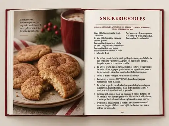Página abierta del libro mostrando la receta Snickerdoodles